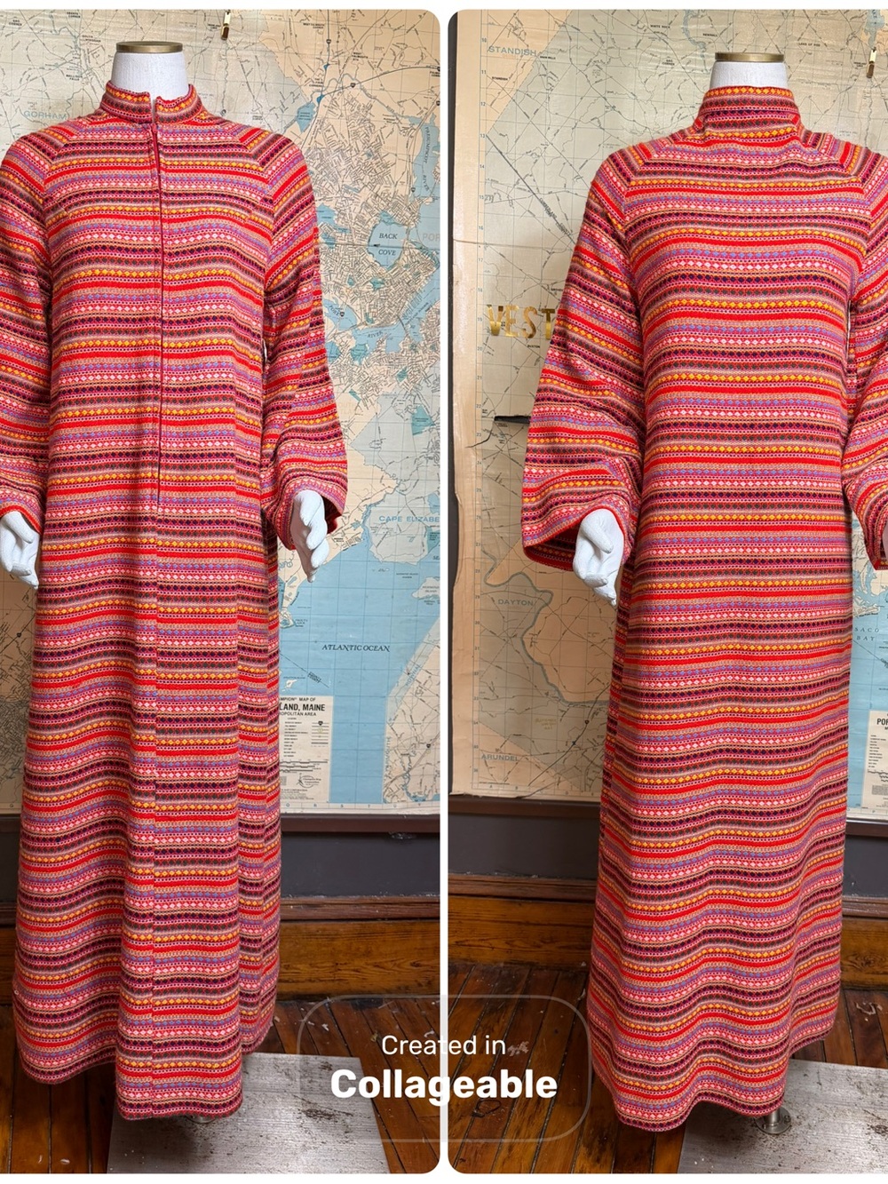 Vintage Knit/Woven Striped Maxi Dress, Long Bell Sleeve, Multicolor 60s/70s Vibe
